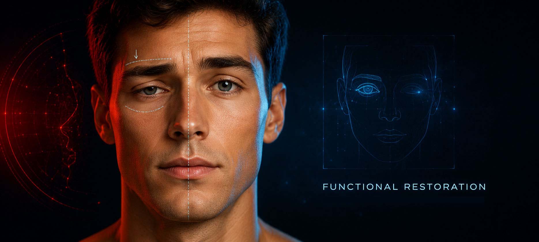 Functional restoration with Myomodulation® for eyebrow ptosis, facial asymmetry and facial balance